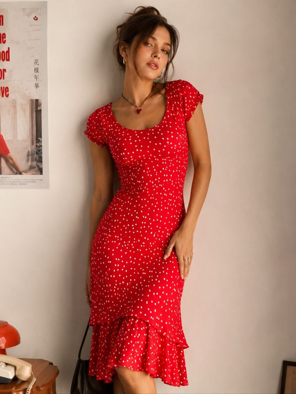 Vintage 90s Steilmann Polka Dot Ruffle Midi Dress Size S Red Y2k Retro